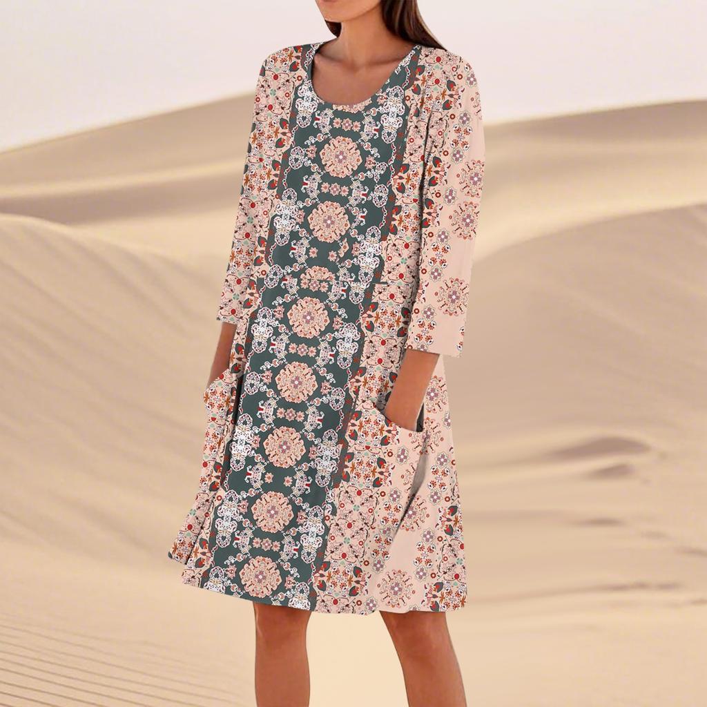 Women's 3/4 Sleeved Printed Fashion Loose Casual Dress
