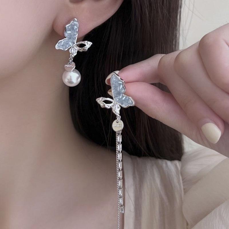 

Super Immortal Asymmetrical Butterfly Crystal Pearl Tassel Earrings Female, Silver Needle Show Face Skinny Long Earrings Pendant Earrings 925 silver needle