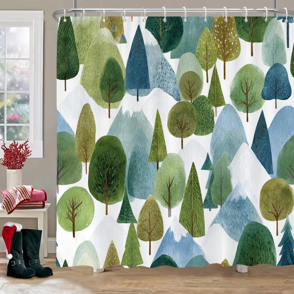 Merry Christmas Cartoon Shower Curtain, Bathroom Decorative Shower Curtain, Printed Christmas Tree Shower Curtain with Hooks