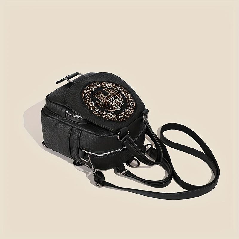 Black PU Leather Backpack, Women's Fashionable Vintage Small Handbag With Convertible Shoulder Straps, Rhinestone Elephant Daypack Purse