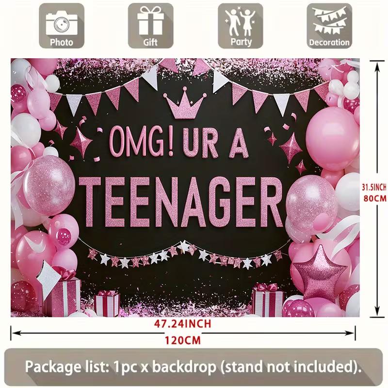 2D Teenager Birthday Backdrop Pink Balloon Crown 13th Birthday Party Photo Booth