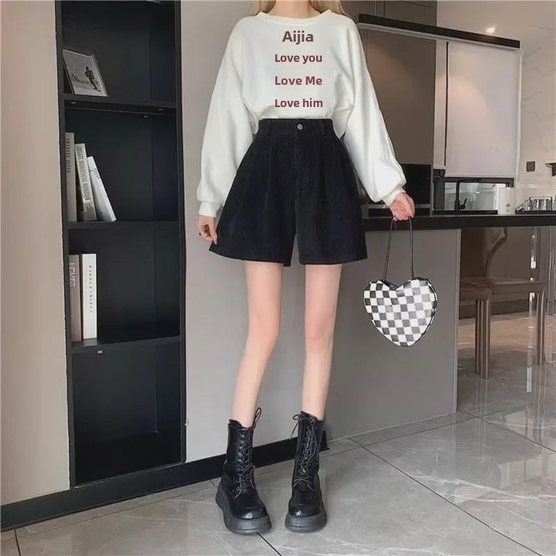 Large Size Women's Corduroy Wide-Leg Shorts - High Waist, Versatile, Casual Fall/Winter Style