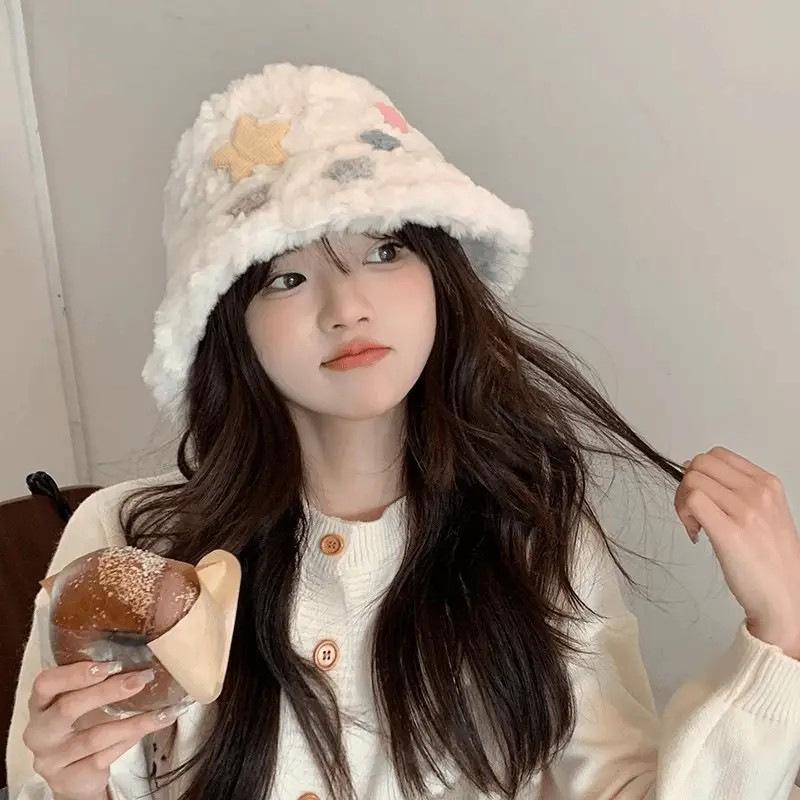 New Arrival: Women's White Star Plush Fisherman Hat - Japanese Style Winter Accessory