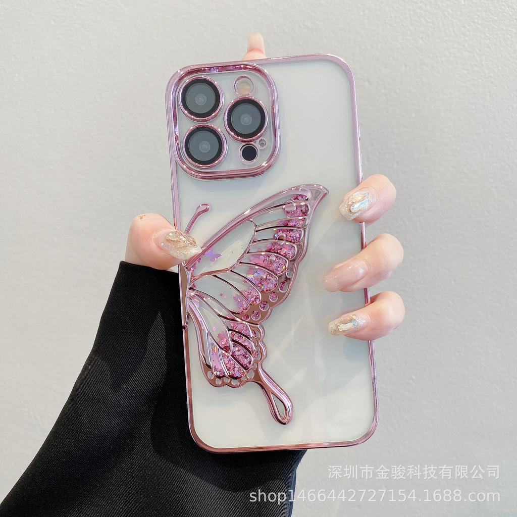 3D Flowing Sand Butterfly Apple 15 Phone Case 14 Pro with Lens Protector Compatible with iPhone 16 Electroplated TPU Soft Case