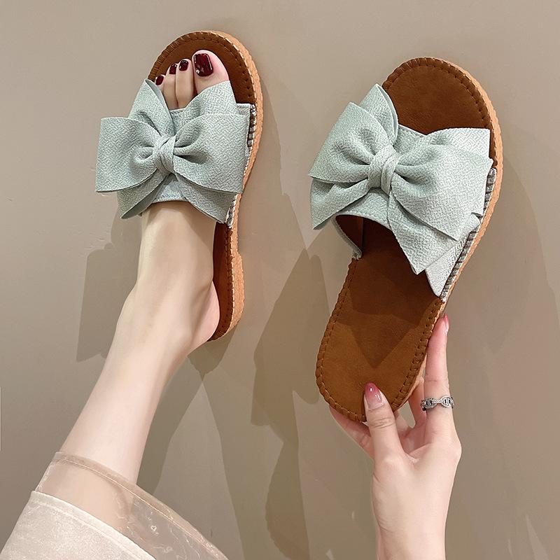 Cloth Slippers Women's Summer New Soft Bottom Bow Flat Heel One Word Sandals Fashion Wear Sweet Sandals Explosion