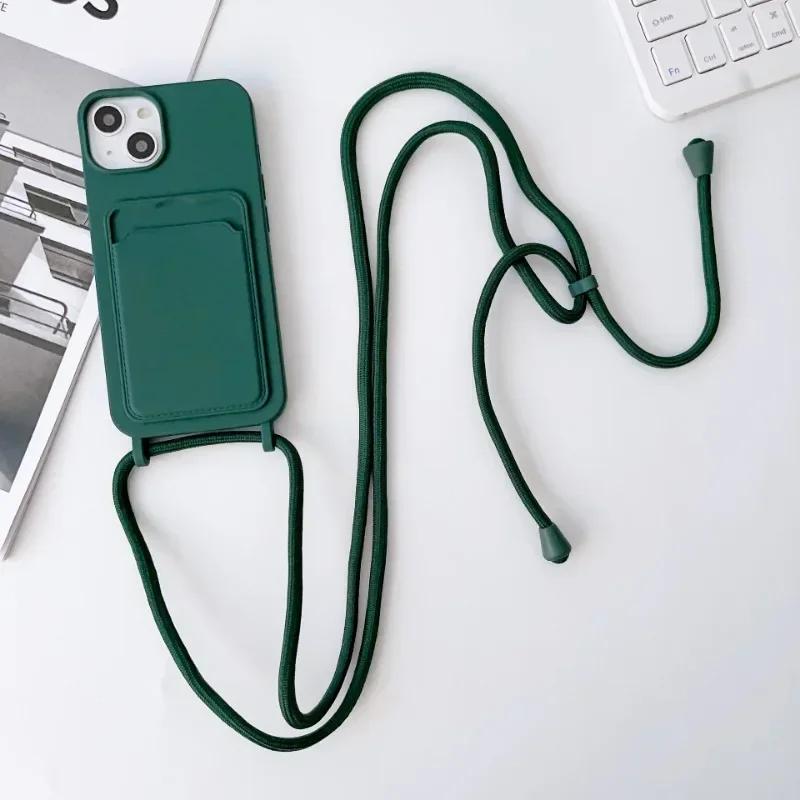 Capa de Celular com Cordão Transversal e Porta-Cartões Para iPhone 17 16 E 15 14 13 12 11 Pro Max Alça de Pescoço Capa de Silicone Macio iPhone 15 Pro verde escura