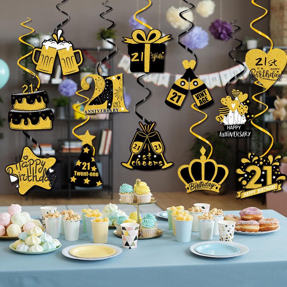 Birthday Celebration Black And Gold Theme Festive Paper Spiral Decor Hanging