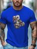 Unisex Royal Blue Crew Neck Tee Cartoon Couple Rider With Full Helmet Sport Motorcycle Graphic Biker Soft Cotton Male Casual Tops