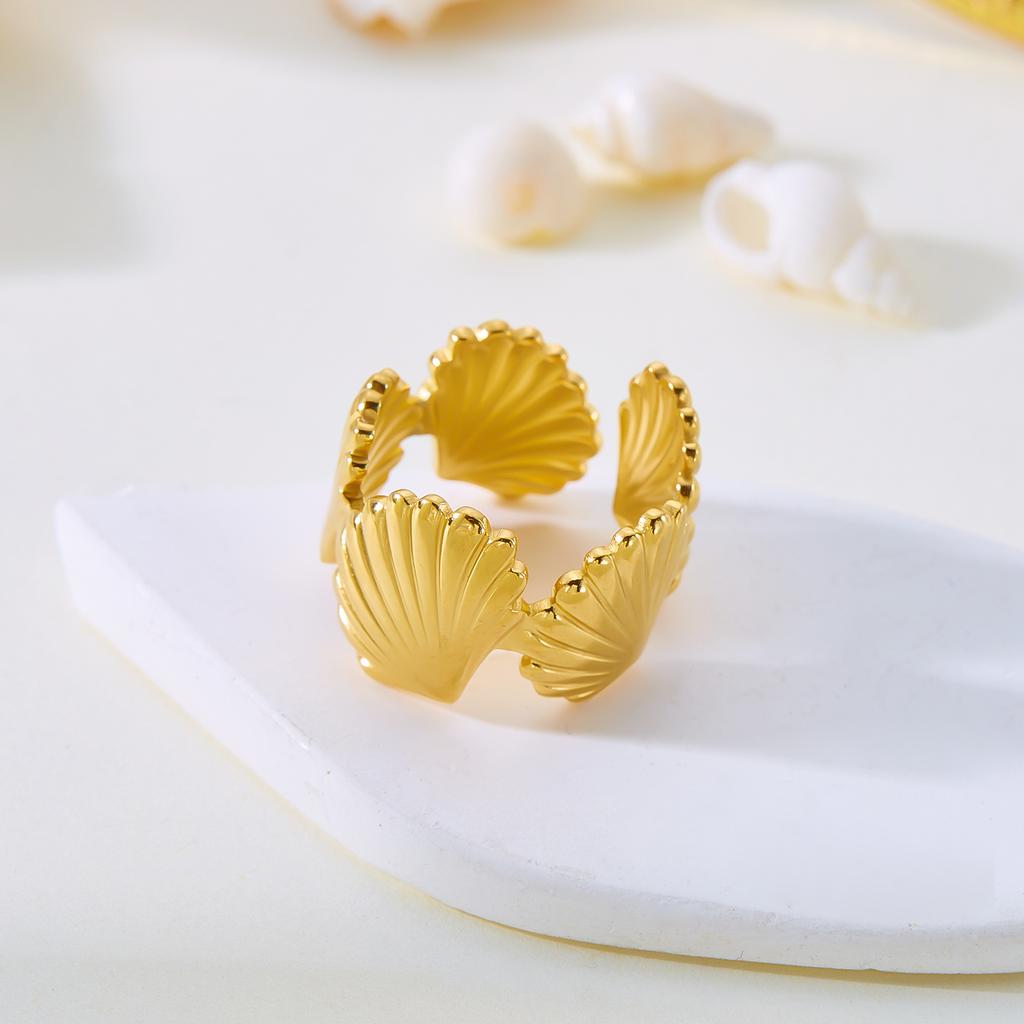 Stainless Steel Shell Rings For Women Vintage Gold Color Starfish Conch Adjustable Finger Ring Summer Ocean Beach Party Jewelry