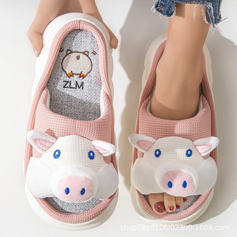 Cartoon Piggy Linen Slippers Women's Four Seasons Drag Breathable Thick Bottom Home Indoor Silent Non-slip Slippers
