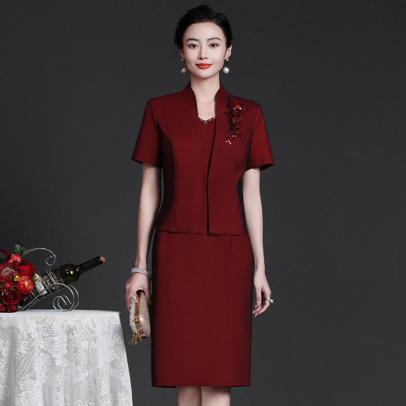 2025 Autumn Elegant Wine Red Plus Size Two-Piece Set: Long Sleeve Jacket & Mother's Wear