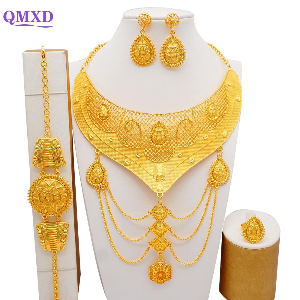 Luxury Dubai Gold Color Jewelry Sets African Bridal Wedding Flower Jewelry Sets Necklace Bracelet Earrings Ring Set Lady Gift