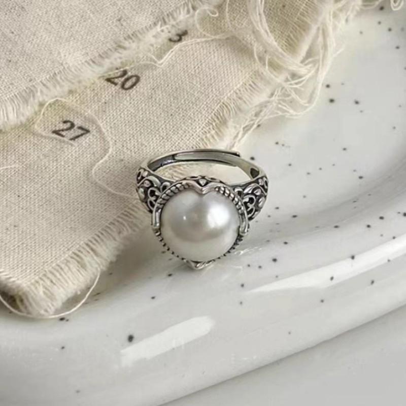 Retro Pearl Carved Unisex Ring - Aged Niche Chinese Style, Trendy and Fashionable Adjustable