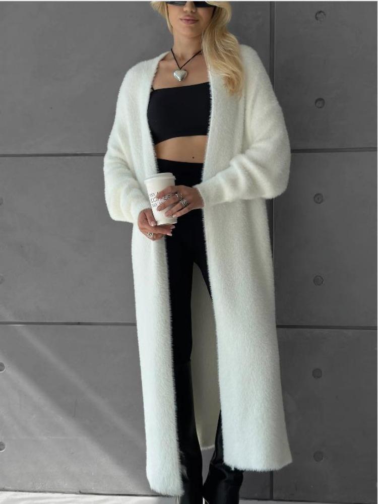 Autumn Winter Womens Long Velvet Cardigan Thick Knitted Sweater Coat Loose Fit Faux Mink Chic Lazy Style