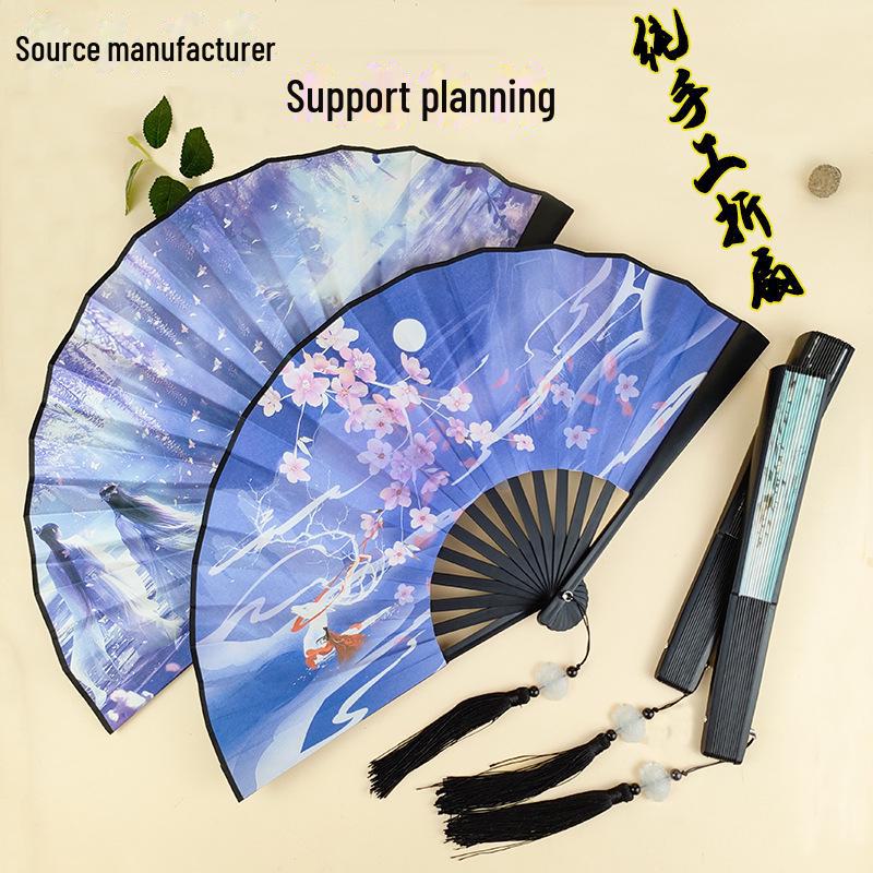 Ancient Style 8-Inch Folding Plastic Fan with Tassel for Men's Hanfu Dance