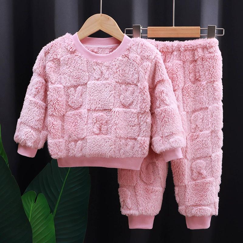 Children's Autumn and Winter Flannel Pajamas Set Boys Plus Velvet Thickened Home Service Girls Thermal Underwear Set