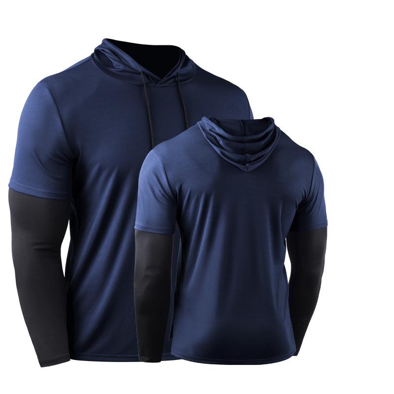 

Мужская поддельная футболка из двух частей, спортивная футболка с круглым вырезом, беговые рубашки, толстовки с капюшоном, свободная одежда больших размеров, топы для фитнеса с длинными рукавами L темно-синий