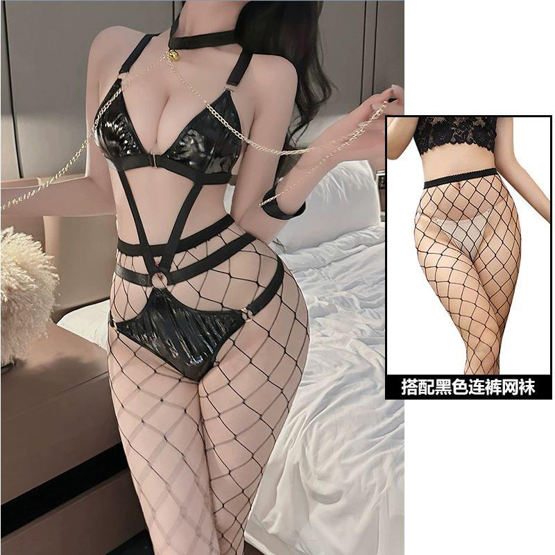 Sexy Lingerie Three Point Patent Leather Jumpsuit Sexy Chain Strap COS Nightclub Queen Role-Playing Body Suits Slim Appear Thin