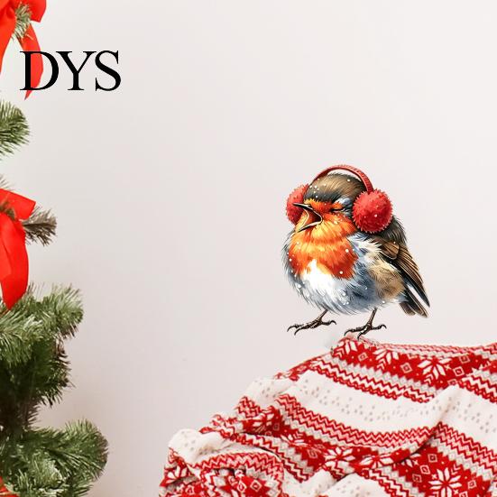 Watercolor Bird Wall Decals Christmas Sticker, Cute with Wreath/Scarf/Hat/Ear Warmer, PVC Waterproof Self Adhesive Stickers Window for Holiday