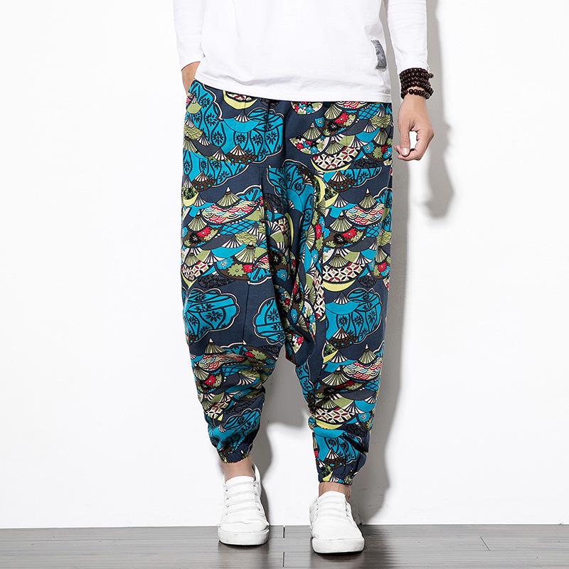 2026 Spring Men s Chinese-Style Cotton Linen Harem Pants - Printed Hip Hop Trousers M
