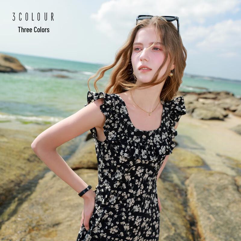 Sancai 2026 Summer Romantic Floral Chiffon U-Neck Maxi Dress M