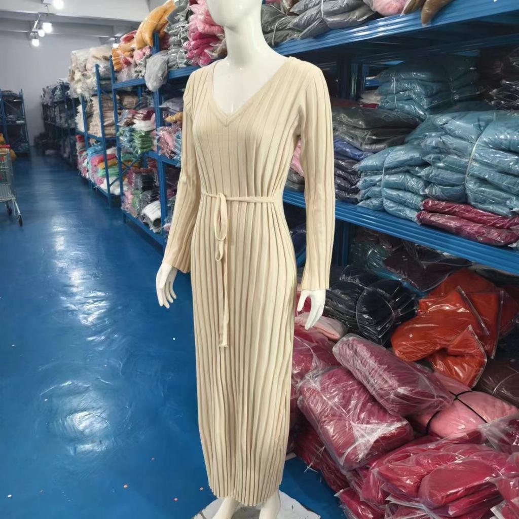 Knitted, Dress, Casual, Waist Cinching, V-neck, Striped, Knitted Long Skirt, Women's