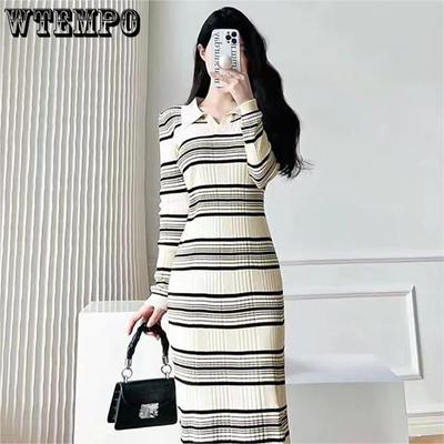 Vintage Striped Knit POLO Neck Long-sleeved Dress Casual Long Skirt with Waist Waist Shows Thin Temperament Skirt