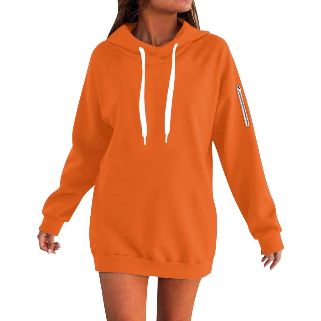 Women's Loose Long Sleeved Solid Color Hooded Sweatshirt With Velvet Drawstring