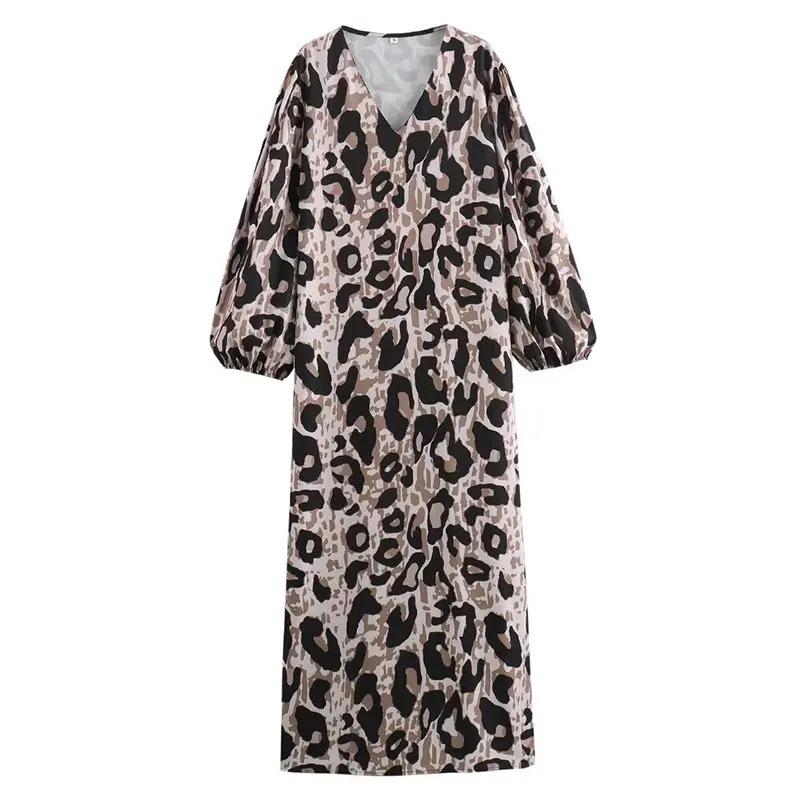 

Винтажные длинные платья с леопардовым принтом и v-образным вырезом, женские элегантные свободные уличные платья с длинными рукавами, женское шикарное пляжное платье с разрезом XS цветной печати леопарда