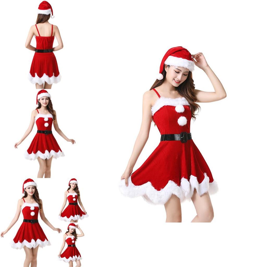 Red Velvet Women Christmas Costume With Soft Touch Santa Claus Dress And Hat