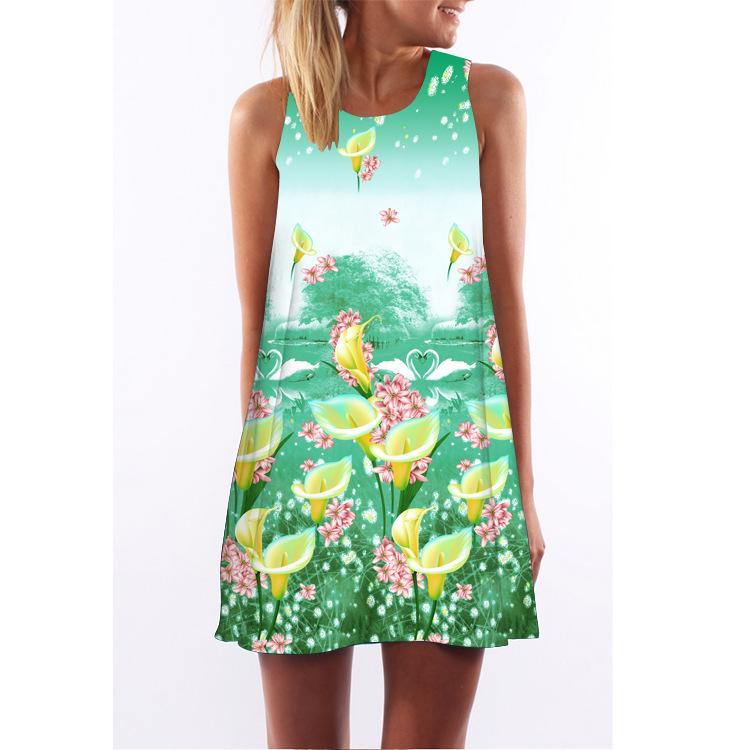 European Station European and American New Retro Digital Printing Round Neck Hot-selling Off-the-shoulder Medium and Long Vest Dress