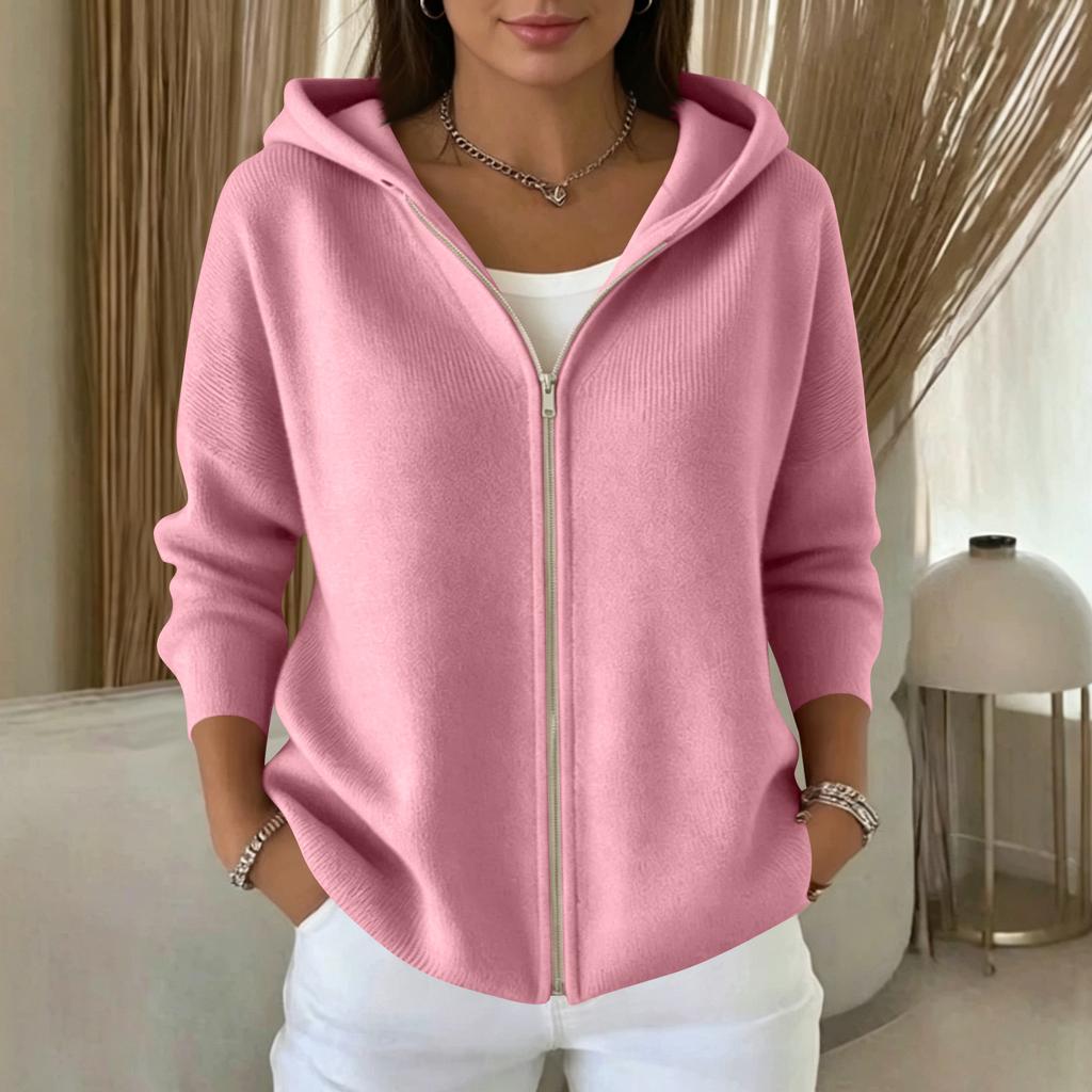 Women's Color Long Sleeve Hooded Zip Up Cardigan Sweater for Casual Daily Wear