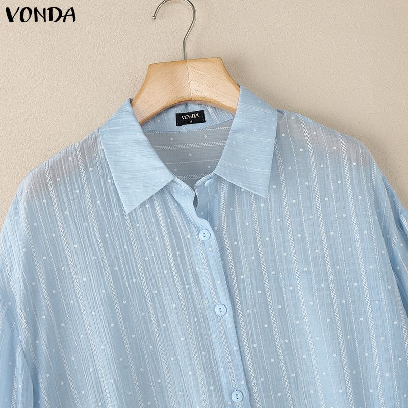 VONDA Women Casual Loose Lapel Neck Long Sleeve Polka Dots Semi-Sheer Blouse Shirts