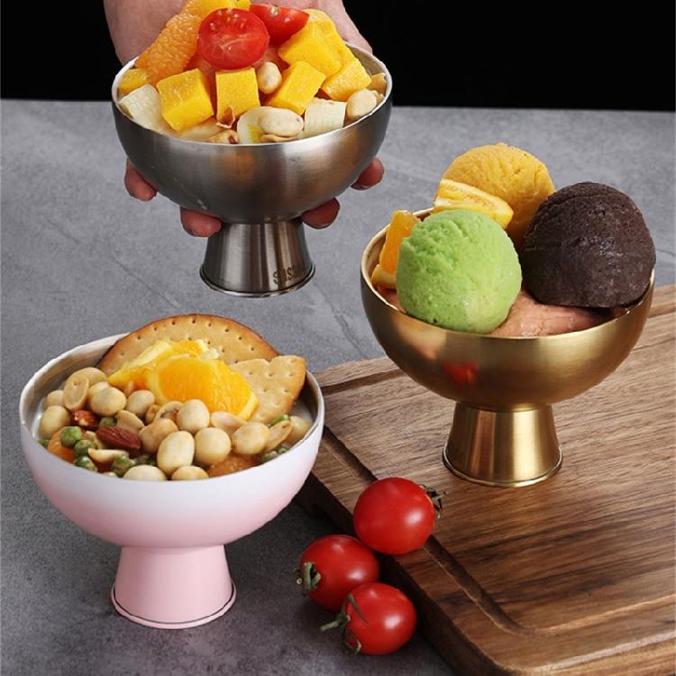 Double Walled Footed Stainless Steel Dessert Container Puddings Cup Ice Cream Bowl For Birthday Parties And Coffee Shops