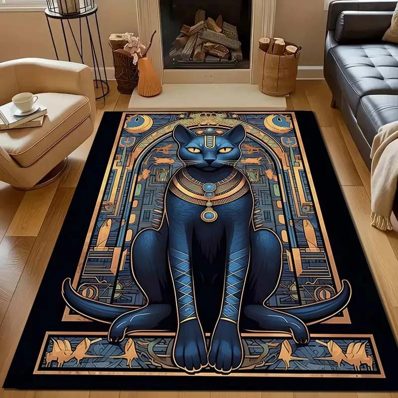 Ägyptische Mythologie Schwarze Katze Teppich für Wohnzimmer Heimdeko Rutschfeste Bodenmatte für Schlafzimmer Große Flächenteppiche Waschbare Teppiche