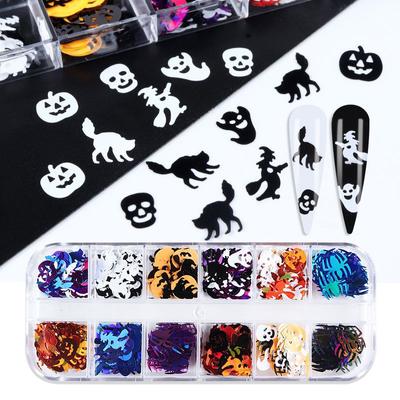 12 Grids/box Halloween Nail Sequins Flakes Slices Nail Art Decoration Manicure Accessories Spiders Ghost Pumpkin Skull