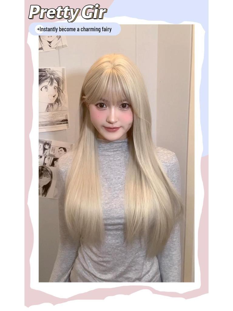 Yeye Platinum Long Straight Lolita Wig for Round Faces - Full Head, Net Red Style for Women