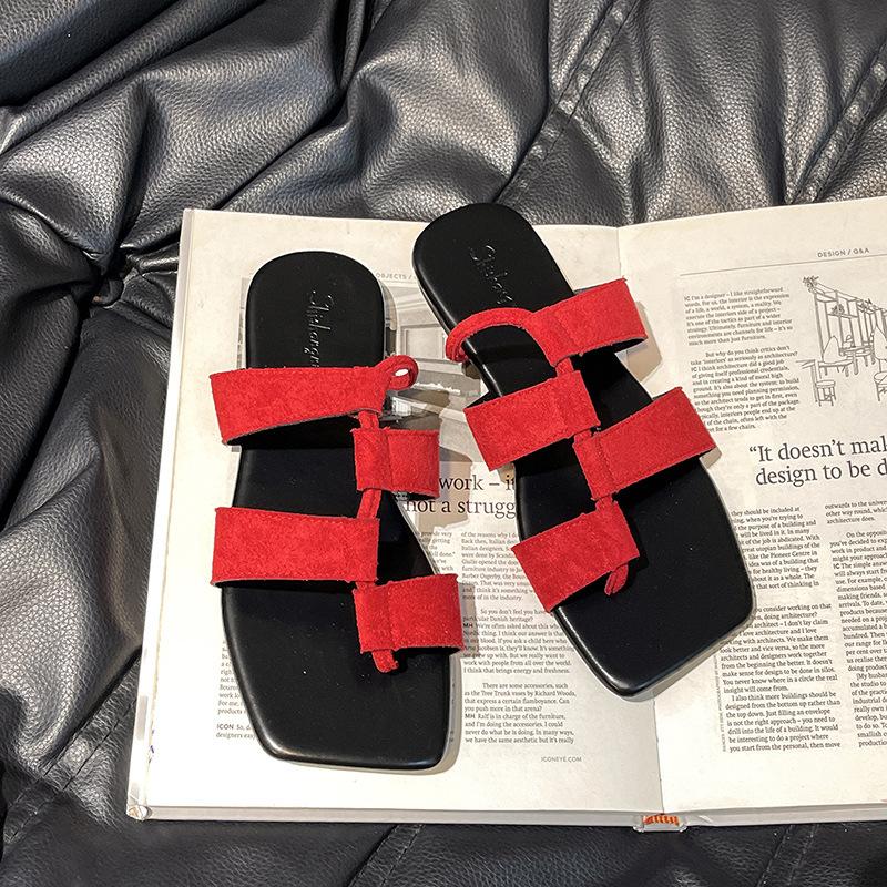 Women's cool slippers outer wear summer new fashion matte square toe flat bottom one-word slippers