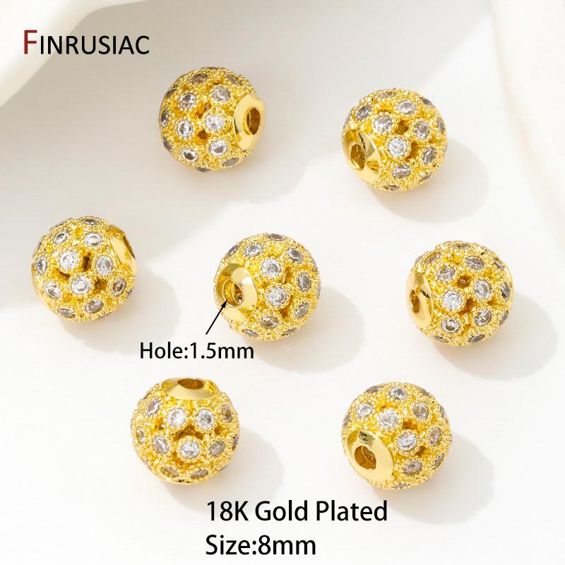 

18K Gold Plated Brass Hollow Round Beads,8mm Ball Beads,Inlaid Zircon Spacer Beads For DIY Bracelets Neckalce Making Accessories 1 piece