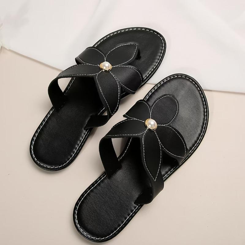 Women'S Elegant Black Floral Sandals - Comfortable Flat, Slip-On, All-Season Footwear with Golden Accents, Perfect for Beach, Pool, and Outdoor