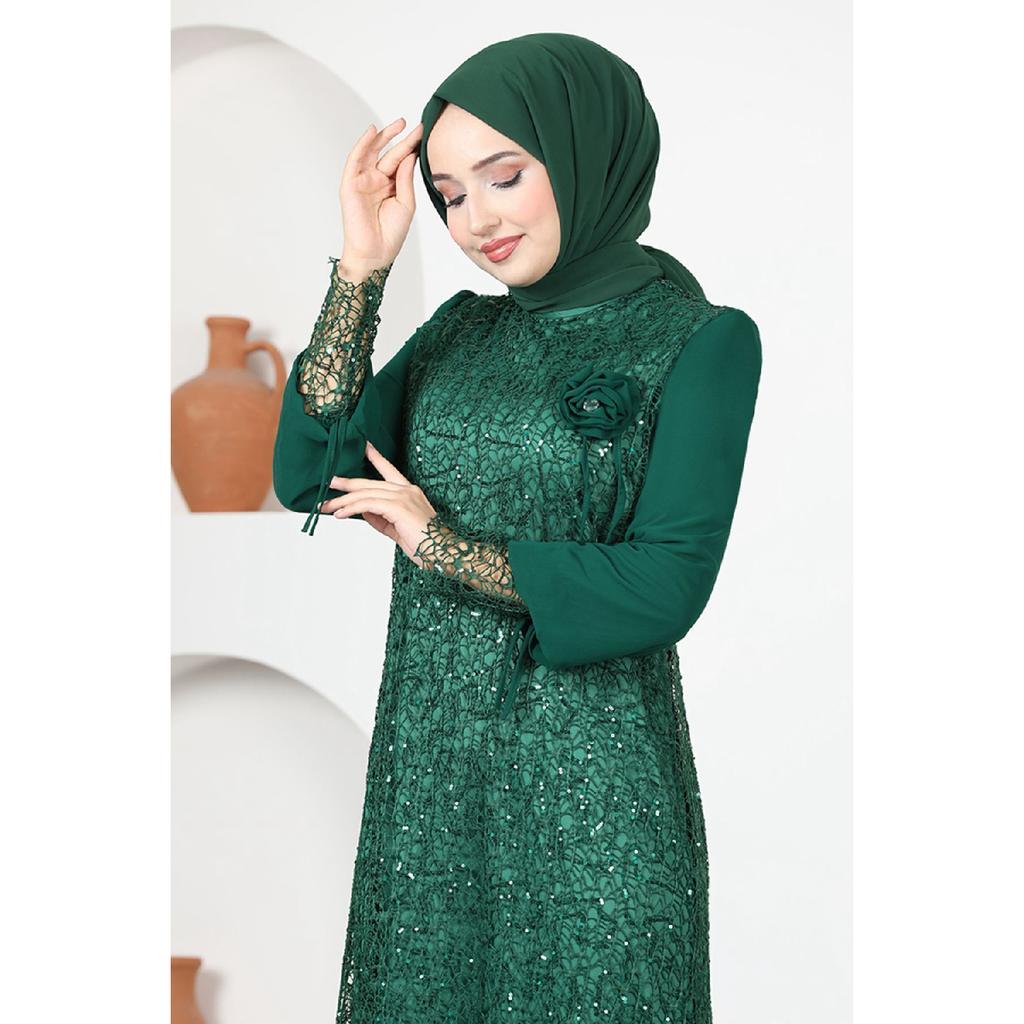 Women's Clothing Evening Dress Fashion Mesh Sequined Rose Hijab Evening Dress 2517 Navy Blue