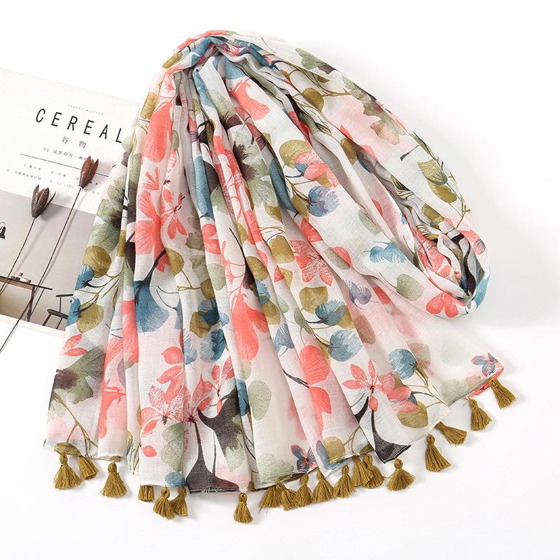 Fashion Printing Flower Tassel Shawl Cotton Viscose Scarf Women Beach Sunscreen Shawl Muslim Hijab Wrap Headscarf  Foulard Femme
