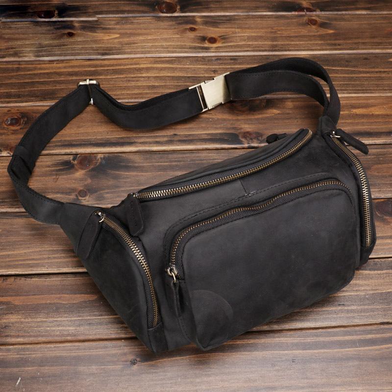 

New Large Waist Bag Made of Genuine Leather, Casual and Fashionable for Men, with A Layered Cowhide and Retro Trendy Single Shoulder Crossbody Bag