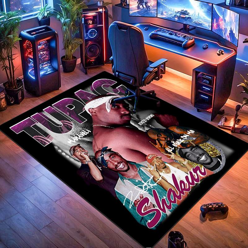 Rapper Star Tupac Shakur Collage Print Area Rug Non‑Slip Rectangular Floor Mat Hip‑Hop Music Decor Rug for Gaming Room Bedroom Living Room