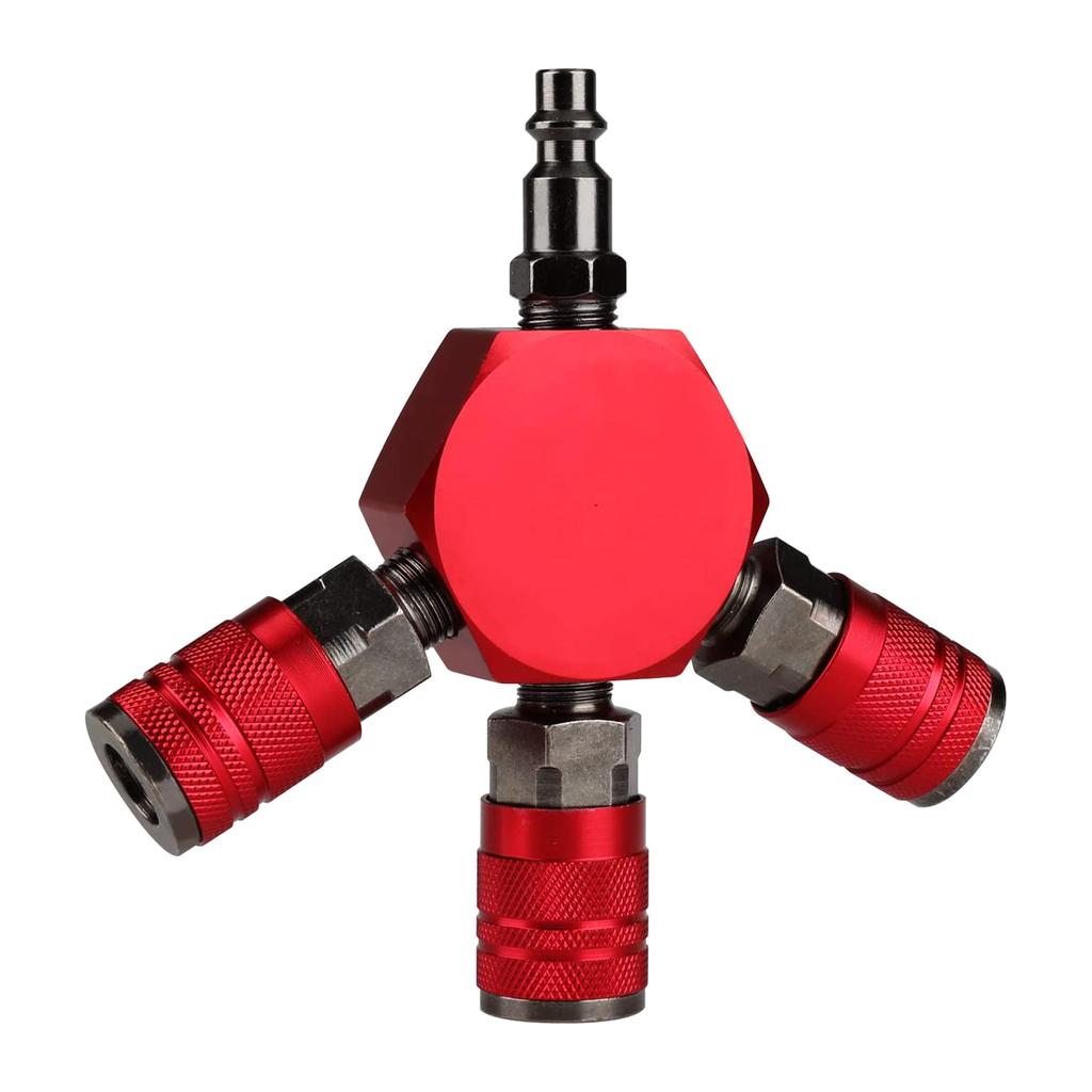 3-Way Air Manifold 4 Ports Aluminum Industrial Flat Hex Quick Connect Air Hose Splitter with Couplers and Male NPT Plug