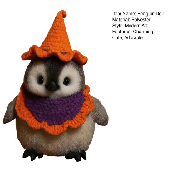 Halloween Penguin Doll 10" Penguin Plush Doll Toy with Knitted Witch Hat Small Stuffed Animal Desktop Decoration Gifts for Kids Boys Girls