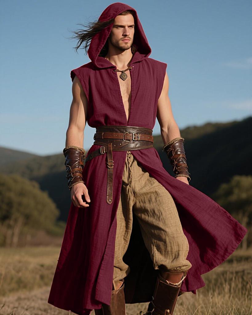 Costume da Uomo Medievale con Mantello con Cappuccio e Tunica Vichinga Senza Maniche