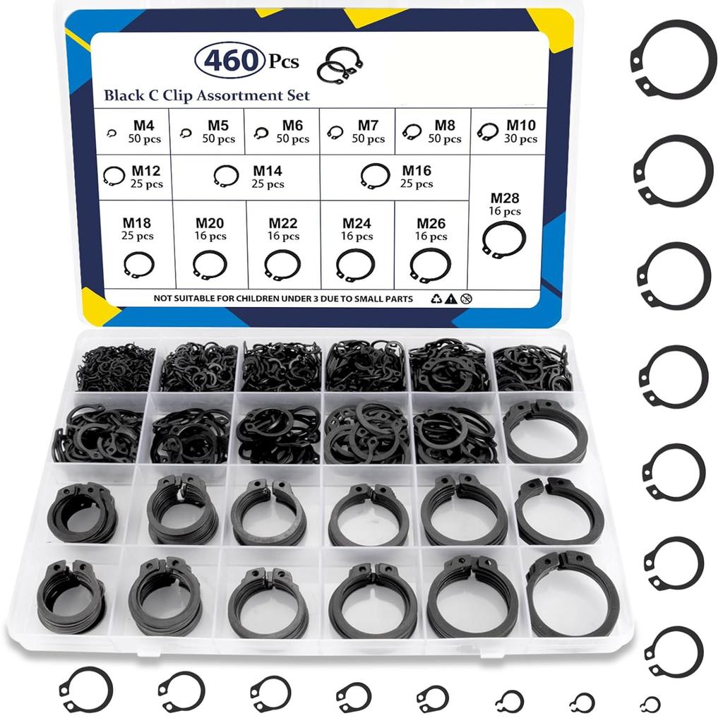460PCS Metric M4-M28 External C-Clip Circlips Snap Retaining Rings 15 Sizes Assortment Kit for Shaft Auto Motorcycle Repair