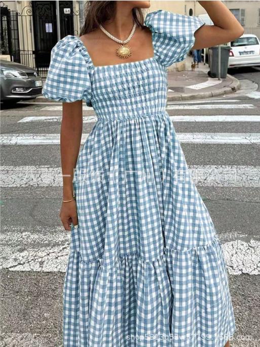 Women's Square Neck Gingham Midi Dress Puff Short Sleeve Elastic Waist Ruffled Hem Summer Beach Long Dress