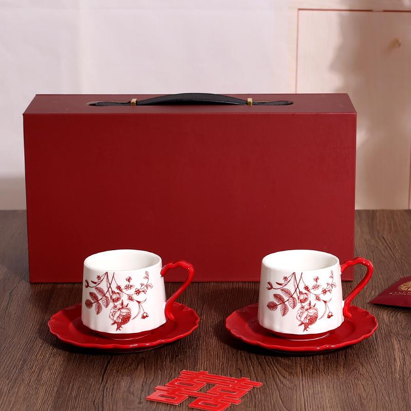 Chinese Sunset Rose Ceramic Coffee Cup High Value Gift Cup Saucer Set Gift Box Wedding Birthday Gift